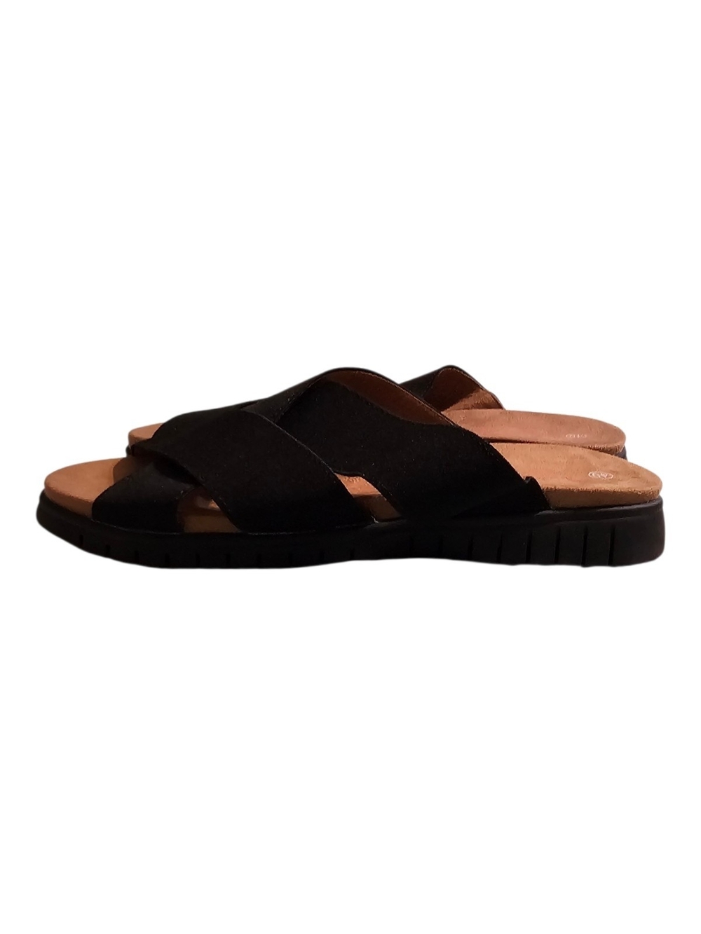 bernie mev. Black Crisscross Slide Sandals with Tan Footbed